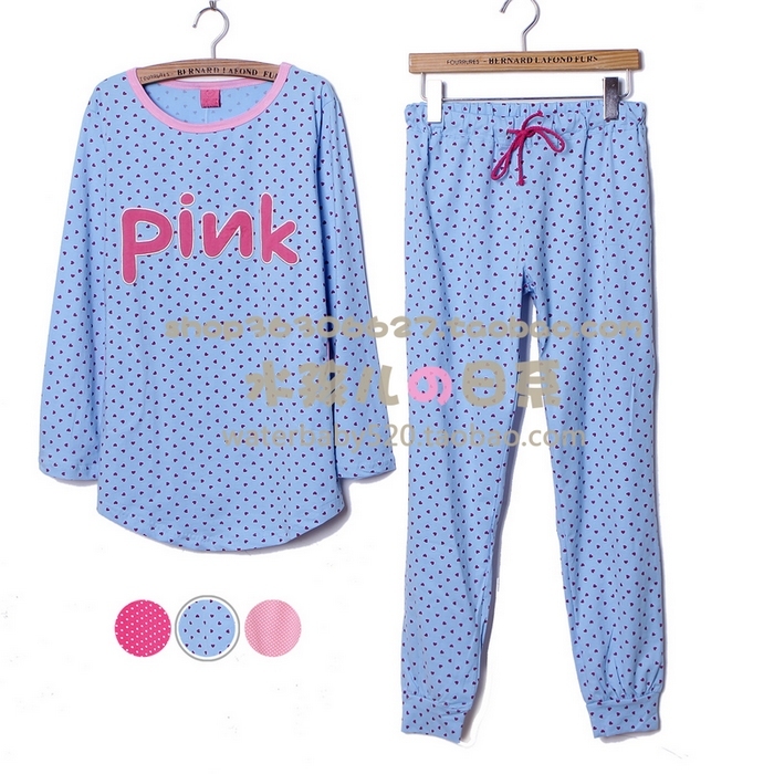 Set spring and autumn polka dot lounge long sleeve length pants sleepwear women's pink 100% cotton set