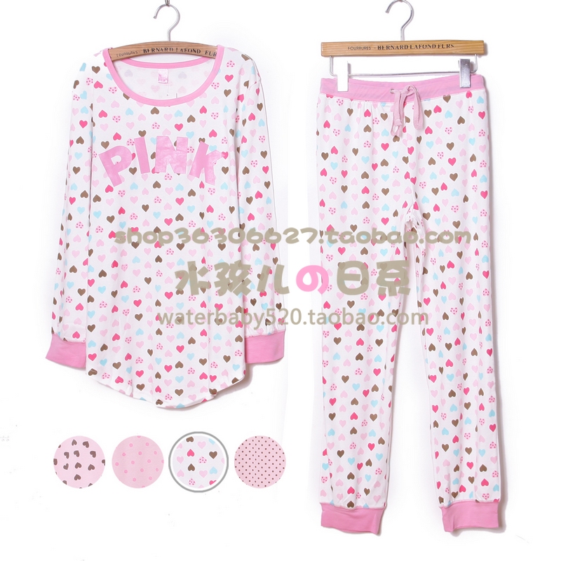 Set spring and autumn polka dot lounge pink long sleeve length pants sleepwear women's 100% cotton set