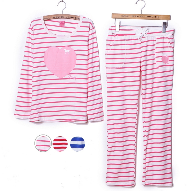 Set spring and autumn stripe lounge long sleeve length pants sleepwear women's pink 100% cotton set