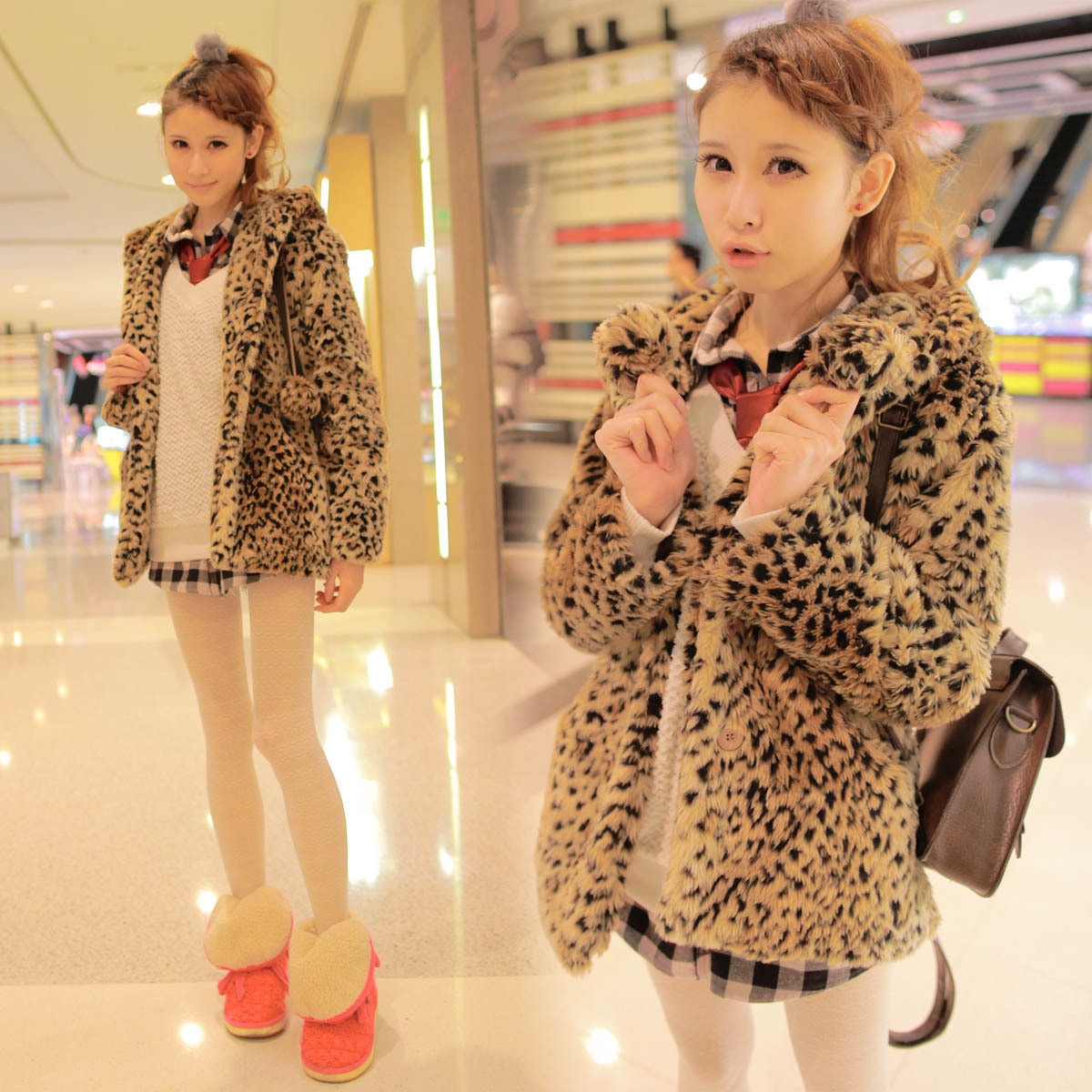 Sevi hooded lacing sphere faux leopard print medium-long outerwear overcoat autumn and winter