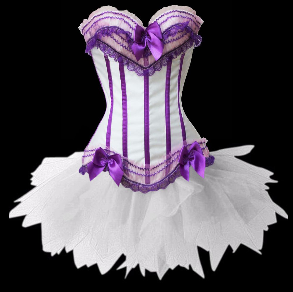 Sex white  with  purple stripe  top corset busiter  with g-string,white mini tutu dance wear    S-2XL