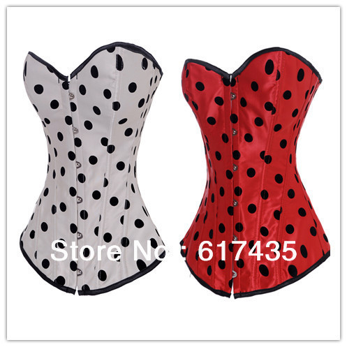 Sexy  2 color Beige/red satin with black big dots Corset Bustier lace up boned bodyshaper factory supplier S-2XL