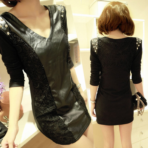 Sexy 2013 V-neck slim hip leather skirt beading long-sleeve dress autumn and winter dress