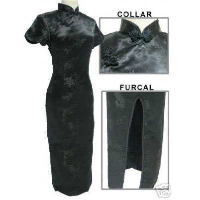 Sexy Black Chinese Women's Satin Polyester Qipao Cheong-sam Long Dress Flower Plus Size S-6XL Free Shipping J3083