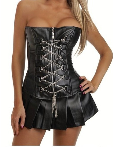 Sexy black faux leather boned lace up corset bustier wiht skirt,G-string clubwear Showgirl Size S-2XL