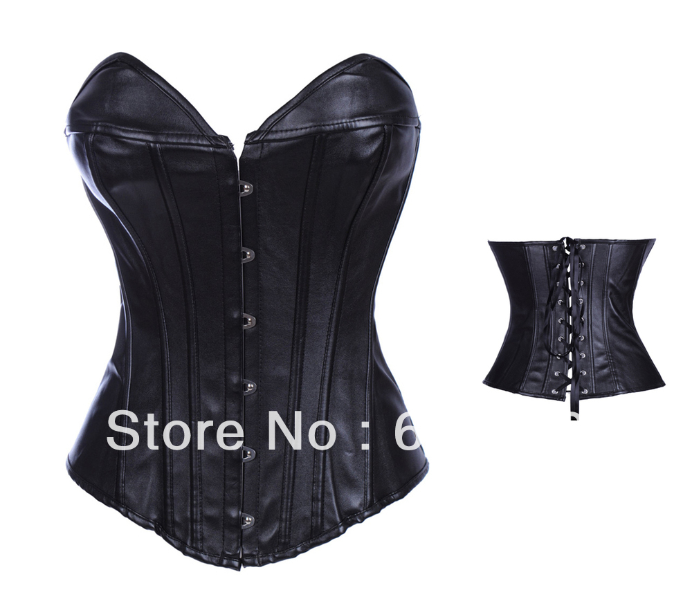 Sexy black faux leather lace up boned corset bustier clubwear with G-string S-2XL