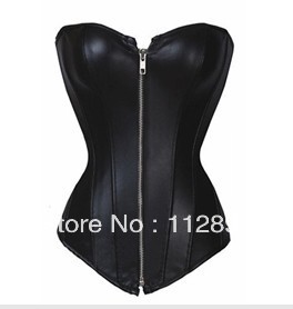 Sexy Black Faux Leather Zip Corset Top Punk Bustier Costume  M0142