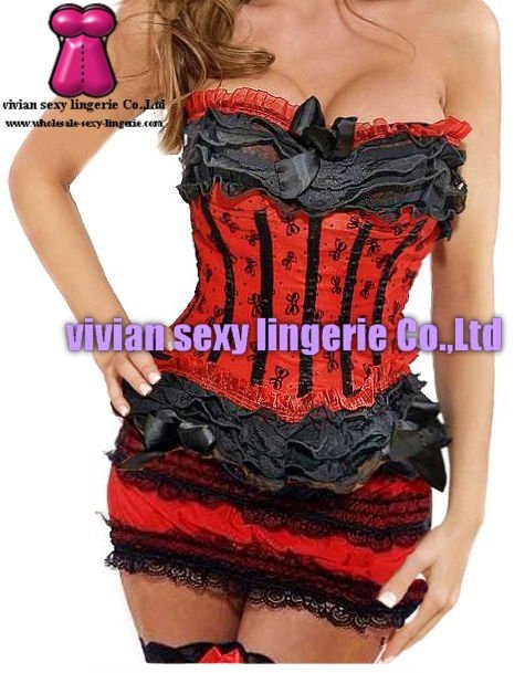 sexy  black Flounced red corset Bustier&skirt Sets 1541-2(S,M,L,XL,XXL) wholesale price