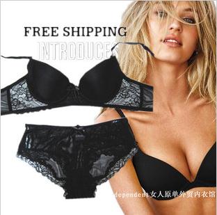 Sexy black gauze compound 100% cotton lace female bra set underwear