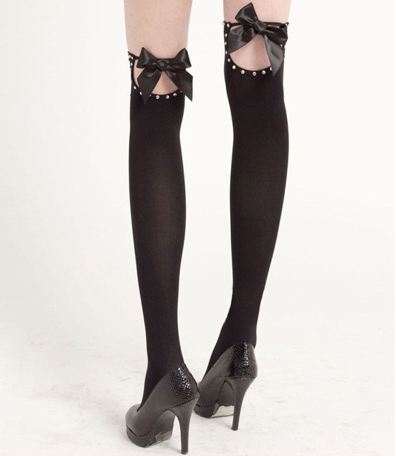 Sexy Black Hollow Out Bowknot With Diamond Women's Long Leggings Socks,Free Shipping