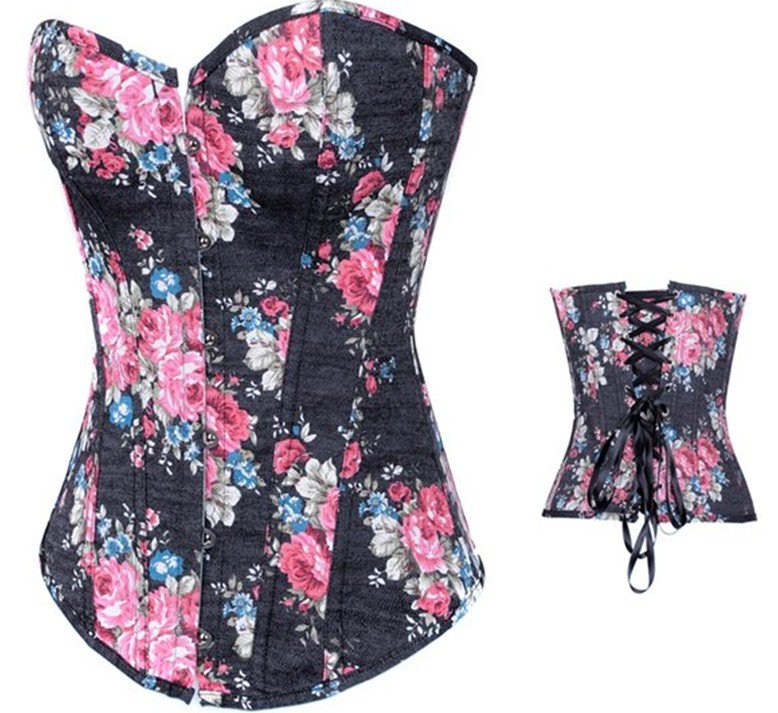 Sexy Black jeans with flower print outwear shaper Lace up Corset Bustier +G-string S-XXL