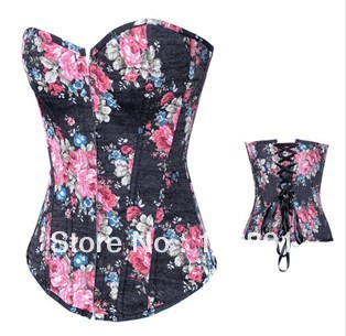 Sexy Black jeans with flower print outwear shaper Lace up Corset Bustier +G-string S-XXL    M0158