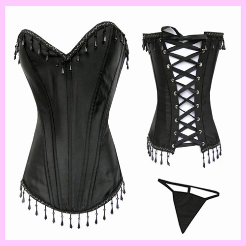 Sexy black lace up boned satin clubwear corset bustier bodyshaper lingerie  S-2XL