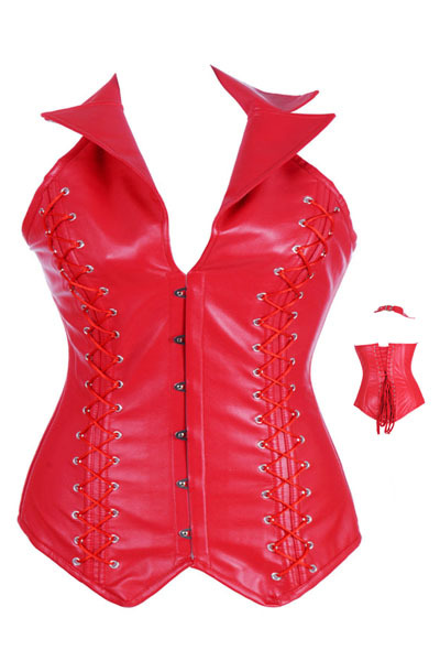 Sexy Black / Red Jacket Style PU Full Steel Boned Presell Shirt Collar Neck Corset 4479