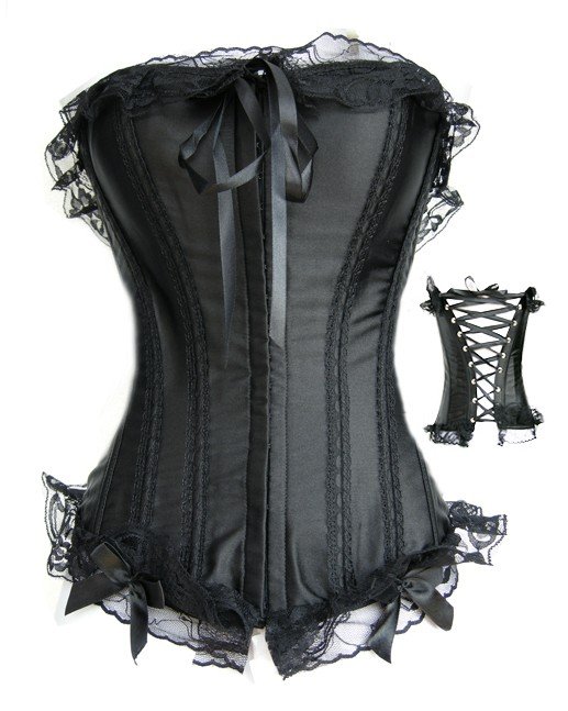 Sexy Black Satin Boned Lace Up Corset Bustier TOP/G-string S-2XL