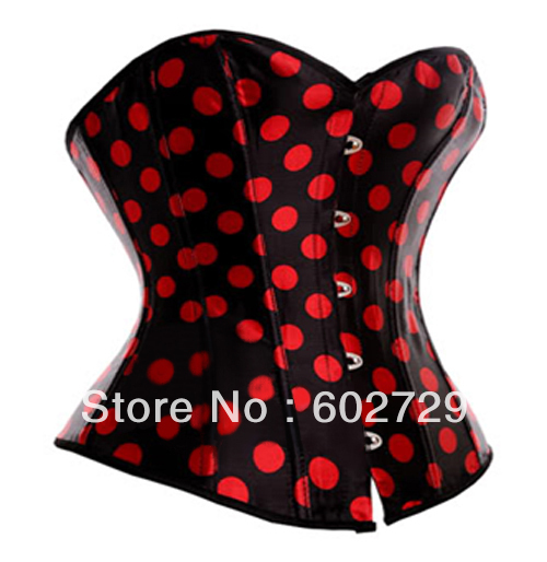 Sexy black satin with red big dots corset underwear boned lace up corset bustier dropship