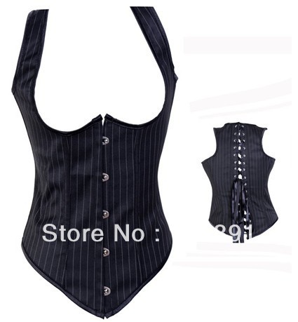 Sexy black stripe underbust outwear shaper Lace up boned Corset Bustier clubwear +G-string S-XXL   M0191