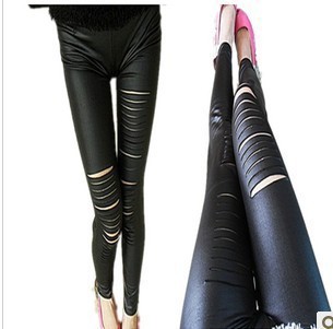 Sexy Black Women Imitation Leather Leggings Fashion 2013 Ladies Bandage Broken Hole Skinny Pencil Pants Nine Pant