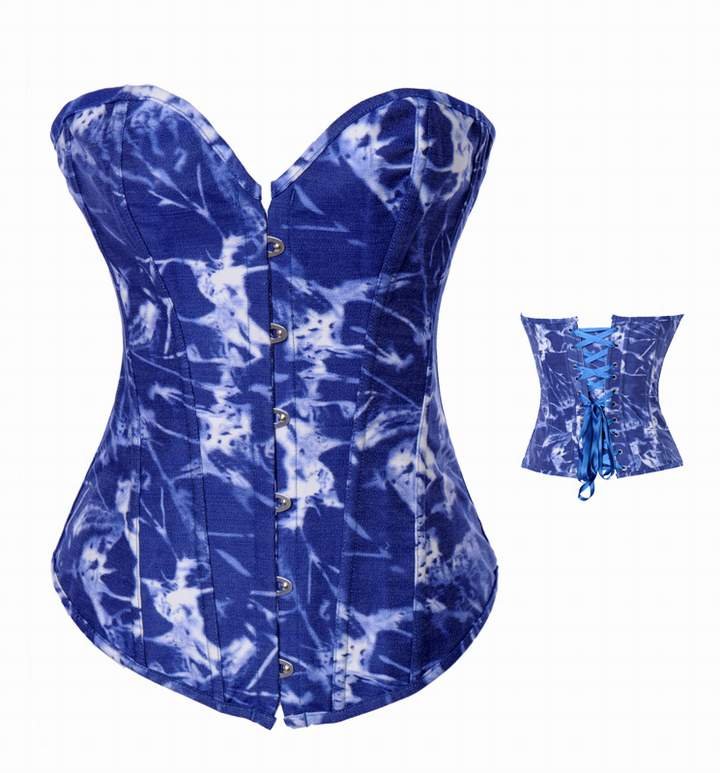 Sexy Blue jeans Burlesque shaper Lace up boned Corset Bustier clubwear +G-string S-XXL