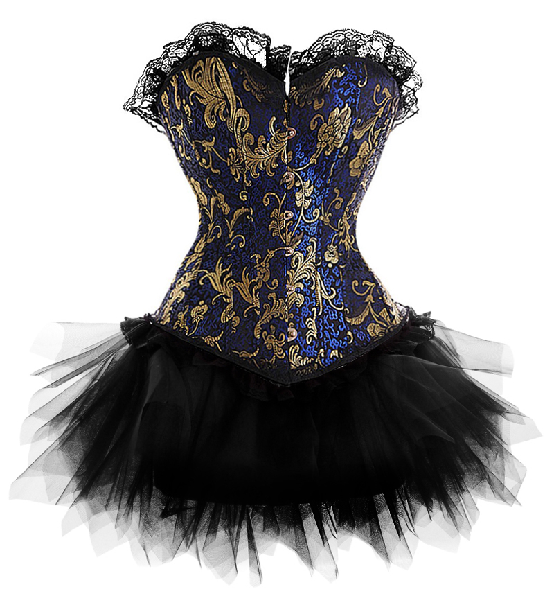 Sexy blue with gold  print boned lace up corset bustier  +TUTU Skirt  dropship  factory supplier S-2XL