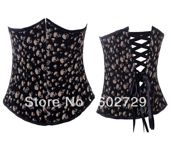 Sexy boned skull print lace up underbust cupless corset bodyshaper drop ship S-2XL