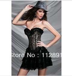 Sexy Burlesque Leopard satin boned lace up bow detail front corset bustier lingerie + black skirt dropship S-2XL M0241