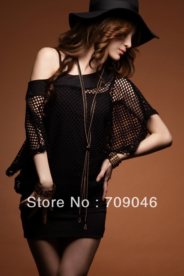 sexy casual  hollow out  patchwork o-neck short flare sleeve mini dress Fashion cutout net slim sexy one-piece dress 12122821