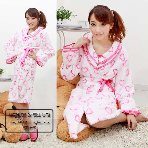 Sexy charming double layer collar white love female coral fleece autumn and winter robe lounge