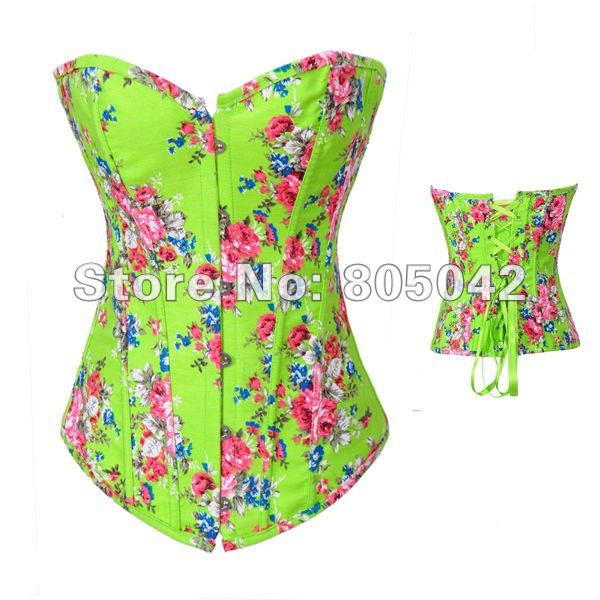 Sexy corset green Floral Jean Boned Corset Bustier Top& G-string 1set/lot+free shipping