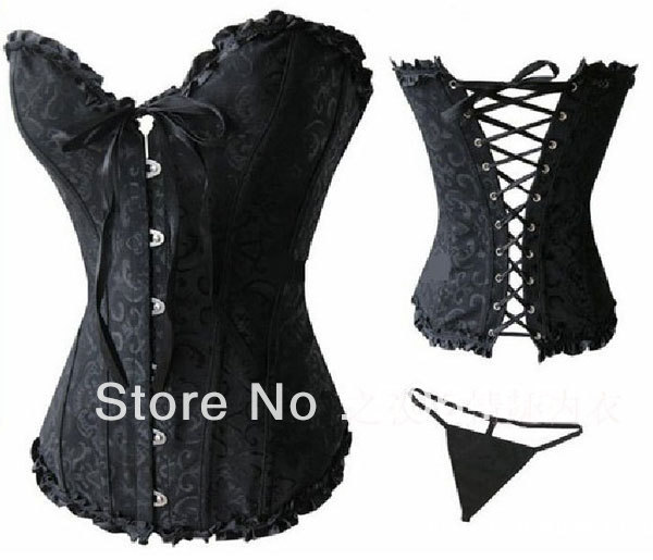 Sexy Corset Women Black Bone Bustier Corset+G string Set Lingerie S M L XL ,Sexy Lingerie ,Sexy Bustier MZ001-2195