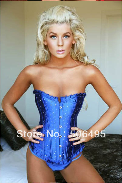 Sexy Corset Women Blue Bone Bustier  Corset+G string Set Lingerie S M L XL ,Sexy Lingerie ,Sexy Bustier MZ005-2135