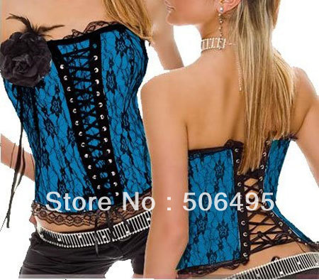 Sexy Corset Women Blue Rose Bone Corset + G string Set Lingerie S M L XL ,Sexy Lingerie ,Sexy Bustier MZ011-2175