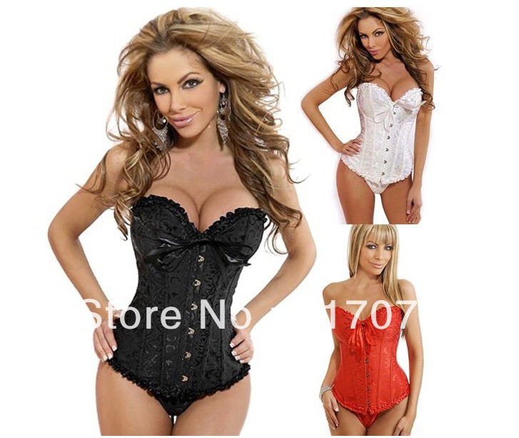 Sexy Corset Women Bone Black Lace Bustier Corset+G string Set Lingerie Free Shipping