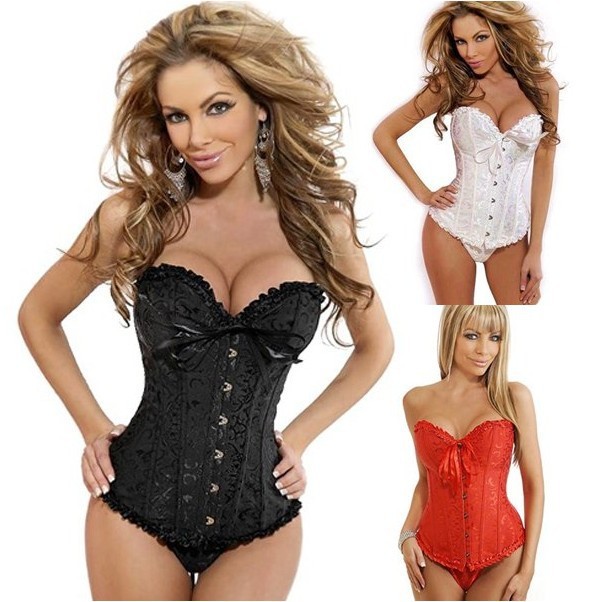 Sexy Corset Women Bone Black Lace Bustier Corset+G string Set Lingerie  Free Shipping  Dropshipping W1210