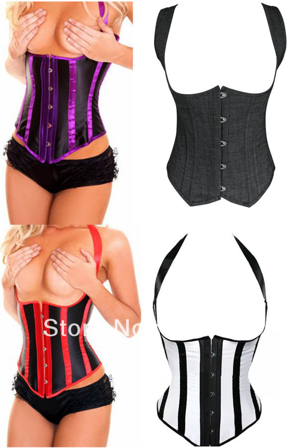 Sexy Corset Women Bone Lace Bustier Corset+G string Set Lingerie,Halter Stripe Push Up Bodysuit,Underbust Costumes XXL