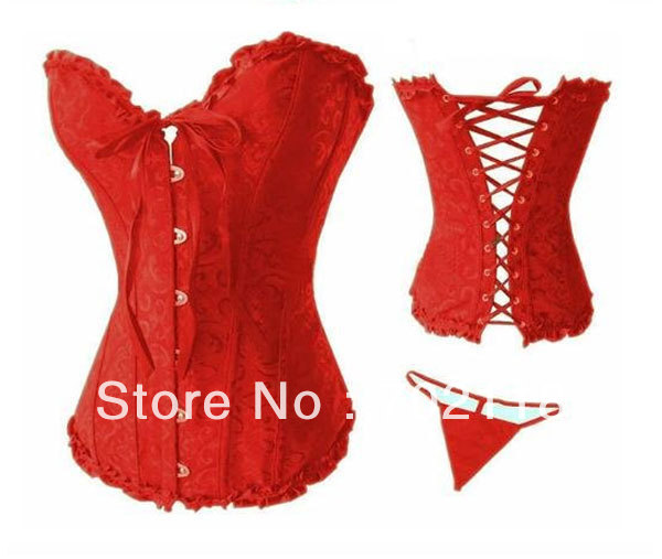 Sexy Corset Women Bone Red Lace Bustier Corset+G string Sexy Lingerie S M L XL MZ001