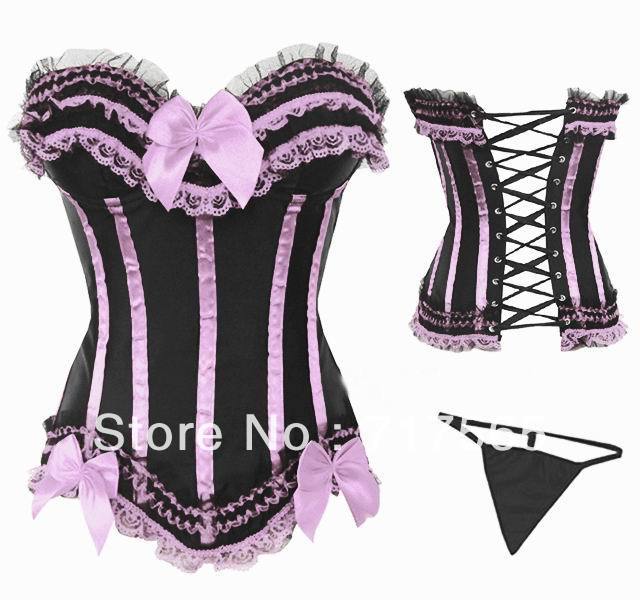 Sexy Corset Women Purple&Black Bone Bustier Corset+G string Set Lingerie S M L XL ,Sexy Lingerie ,Sexy Bustier