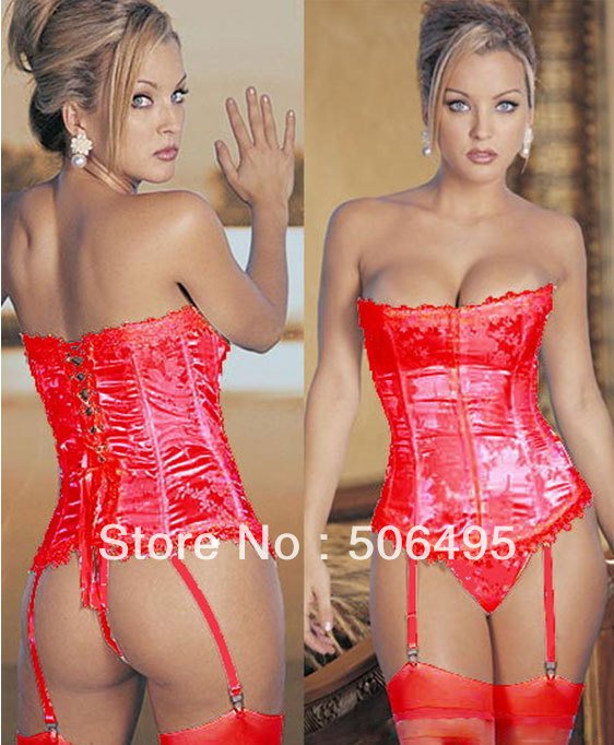 Sexy Corset Women Red Bone Lace Bustier Corset+Garter+G string Set Lingerie S M L XL ,Sexy Lingerie ,Sexy Bustier MZ003