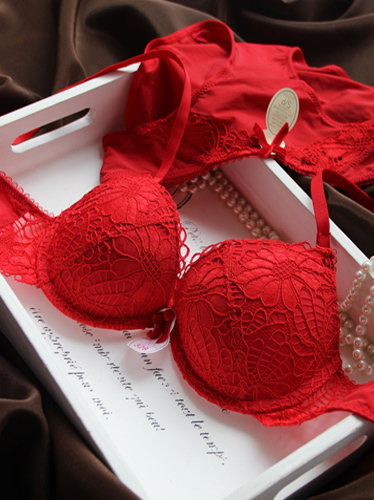 Sexy deep V-neck red lace bra set underwear women's push up bra