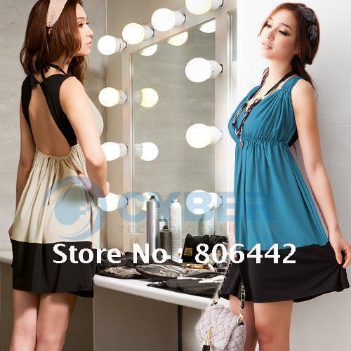 Sexy Deep V-Neck Sleeveless Beauty Back Pretty Mini Milk Silk women dresses Beige/Blue color + Free Shipping