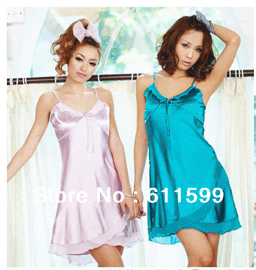 Sexy emulation silk pajamas Ruffles enchanting embroidered  nightgown Deep V-neck night skirt  Free shipping