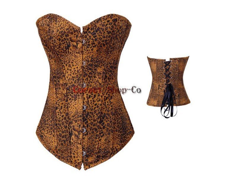 Sexy Fantasy Leopard Print Lace Up Boned Corset Bustier TOP Jean Costume S-2XL