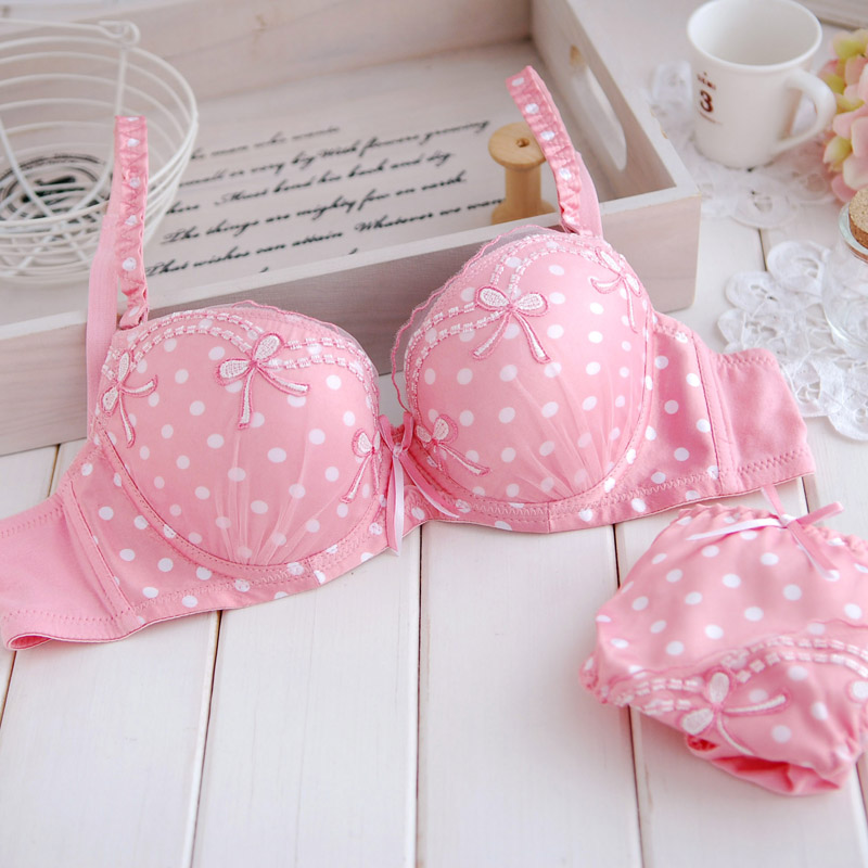 Sexy fashion Printing push up magic brassiere bras set Sweet vintage exquisite embroidery gauze polka dot underwear set bra set