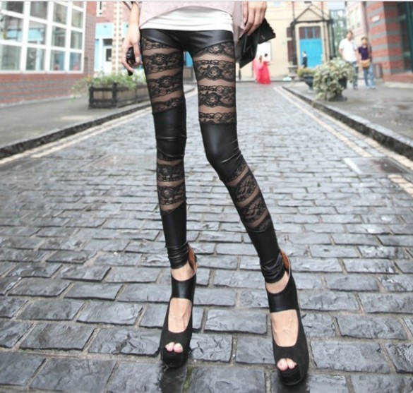 Sexy fashion women's trousers pants M size Lace+Leather Stitching Leggings pantyhose pants  trousers wholesale 10pcs/lot