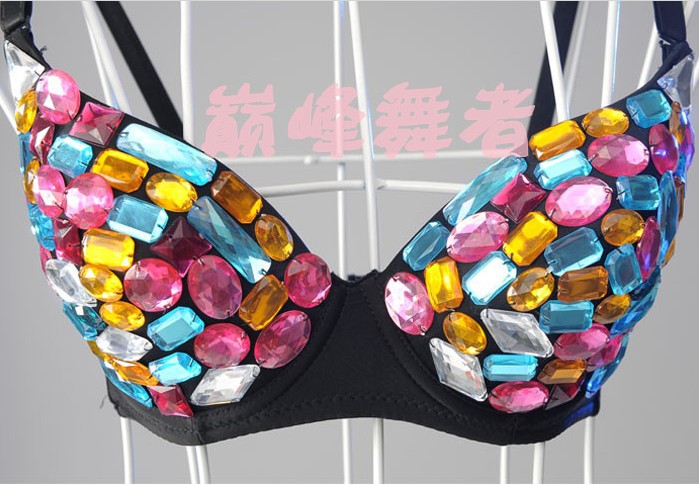 Sexy female ds performance clothing jazz bar colorful gems bra steel pipe stage loading coat