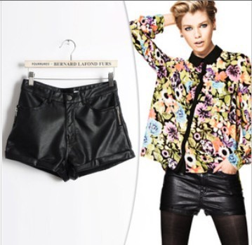 Sexy flanging high waist leather shorts Woman fashion zipper pocket boots pants Free shipping