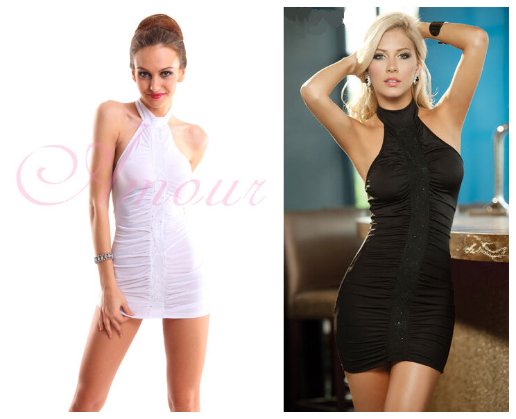 Sexy Flirty White/Black High Neck Mini Dress Clubwear Rhinestones Trims Free Shipping @AF5408