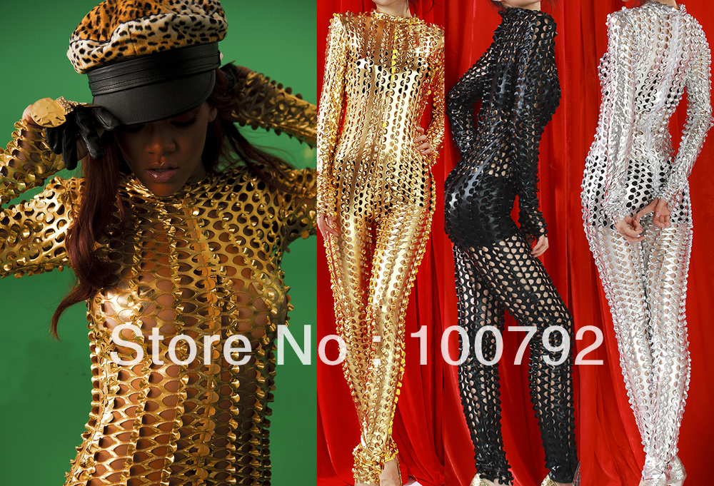 sexy gold shiny  metal liquid rihanna  cut out catsuit  celebrity catsuit