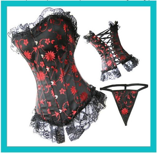 Sexy Gorgerous Black Red Floral Trim Corset Bustier TOP G-string S-2XL