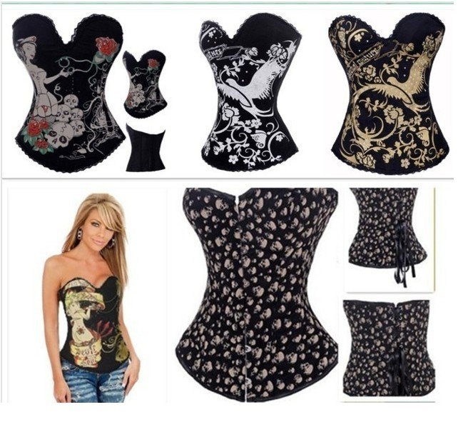 Sexy Goth Punk Rock Hook Tattoo Boned Corset Sparrow Devil Skull Corset Bustier